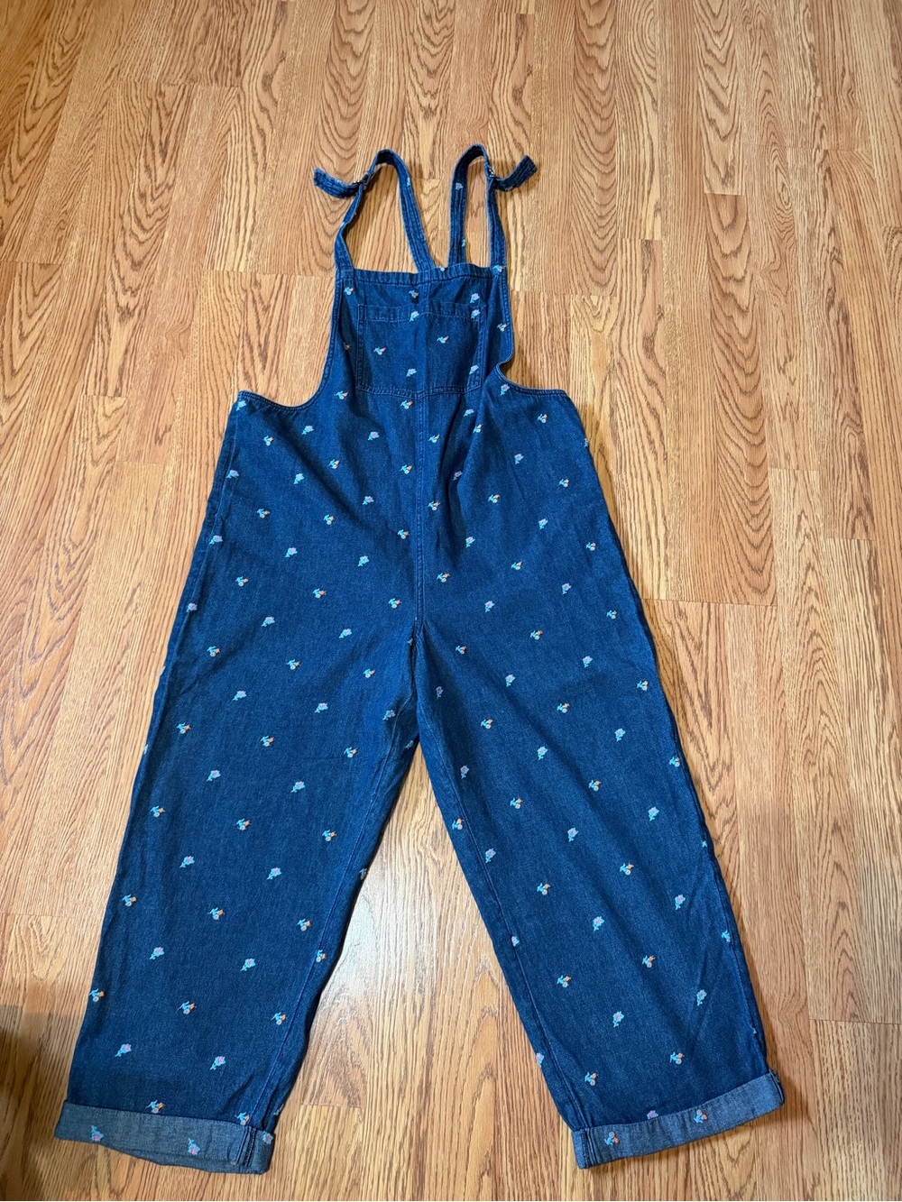 Women’s Navy Blue Embroidered Denim Overalls Large